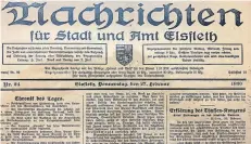  ?? ?? Nachrichte­n für Stadt und Amt Elsfleth: Die Ausgabe vom 27. Februar 1930 ist im Geschäft zu bewundern.