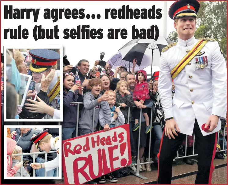  ?? Picture: LUKAS COCH / EPA, JAMES D. MORGAN / GETTY, ANDREW TAYLOR / AP AND DAVID GRAY / REUTERS ?? Prince Harry, smart in his uniform, pulls a funny face after spotting the “Red Heads Rule” poster and then gets a hug from a well- wisher before trying to pet a young fan’s dog. But the laughing prince drew the line at selfi es, left, and later turned...