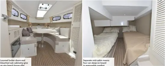  ??  ?? Louvred locker doors and bleached oak cabinetry give an airy beach house vibe Separate mid-cabin means four can sleep on board in reasonable comfort