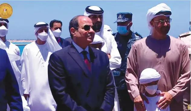  ?? Twitter photo ?? ↑ His Highness Sheikh Mohamed Bin Zayed with his grandson and President Abdel-fattah Al Sisi at the ‘July 3 Naval Base’ inaugurati­on in Gargoub, Egypt, on Saturday.