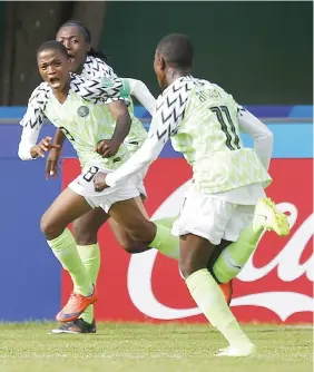  ?? Photo: AFP ?? Nigeria’s forward Rasheedat Ajibade (L) celebrates with teammates after scoring during the Women’s World Cup U-20 Group D match against China on August 13, 2018, at the Clos Gastel stadium in Dinan, France