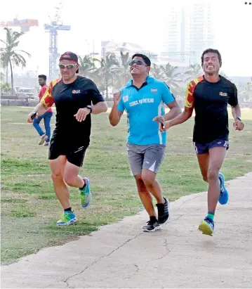  ??  ?? Dennis, Khalid and Shaki: Training together at Galle Face. Pix by Indika Handuwala