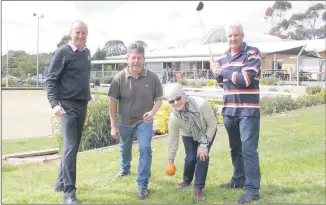  ??  ?? WHAT’S YOUR POISON? Gearing up for the East Grampians Health Service golf, bowls and fun run day are, from left, Chalambar Golf Club manager Tim Cronin, Stawell and Ararat Cross Country Club president Peter Gibson, Chalambar Bowls Club’s Leonie King and Chalambar Golf Club’s John Shaw.