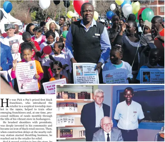  ?? ?? Top: George Senosha and his children’s organisati­on outside Mediclinic Heart Hospital; Above, clockwise from left: Luke Louw, then Pick n Pay general manager for the northern region, George Senosha and company founder Raymond Ackerman. Photos: Supplied