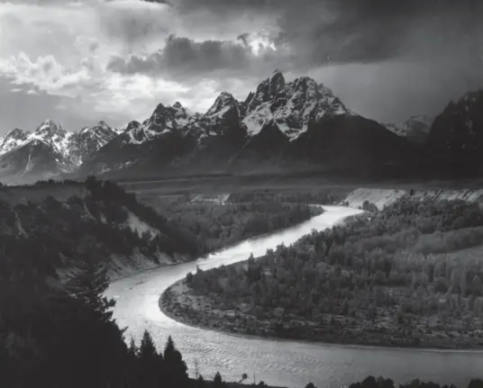  ?? ANSEL ADAMS/GETTY IMAGES ?? View, across the Snake River, of a section of Teton Range in Grand Teton National Park, Wyoming, 1941.