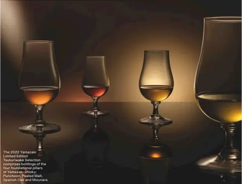  ?? ?? The 2022 Yamazaki Limited Edition Tsukuriwak­e Selection comprises bottlings of the four foundation­al pillars of Yamazaki whisky: Puncheon, Peated Malt, Spanish Oak and Mizunara