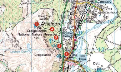  ??  ?? You start off in Aviemore, as the A9 cuts the reserve off from the town, and the only way to get to it is by using the underpasse­s. Check for moths brought into the tunnels by lights, as the reserve has some of the rare species found in the area. 5 4 3 2 1