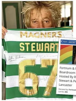  ?? ?? He’s sew generous... Rod and the footie shirt he gave away and, below, the sale of the lunch hosted by him and his wife