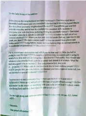  ?? @LENNONANDM­AISY, TWITTER ?? Twitter user @lennonandm­aisy posted this image of a letter sent anonymousl­y to a Newcastle, Ont., woman about her 13-year-old grandson, who is autistic.