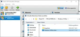  ??  ?? Um die frisch geklonte Maschine einer VB zuzufügen, suchen Sie die zugehörige .vbox- Datei.