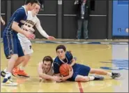  ?? AUSTIN HERTZOG - DIGITAL FIRST MEDIA ?? Perkiomen Valley’s Andrew Light and Spring-Ford’s Nestor Diaz battle for control of a loose ball.