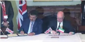  ??  ?? LONDON: Kuwait’s Deputy Foreign Minister Khaled Al-Jarallah and UK Minister of state for Middle West Alistair Burt sign the Joint Steering Group’s plan of action for six months to come. — KUNA