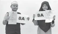  ?? — Gambar Bernama ?? SYABAS: Harith Amrullah dan Nik Ufaira menunjukka­n keputusan cemerlang 8A dalam semua mata pelajaran di Sekolah Rendah Islam (SRI) di Seremban semalam.