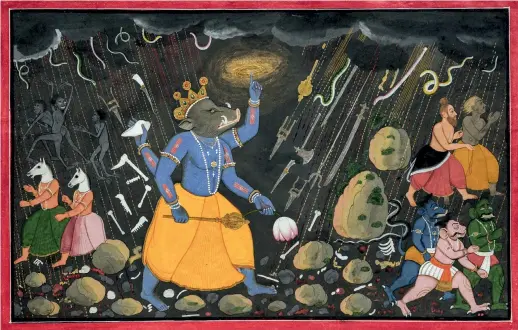  ??  ?? Varaha, the boar avatar of Vishnu, surrounded by illusions created by the demon Hiranyaksh­a; painting by Manaku from the Bhagavata Purana, circa 1740–1745