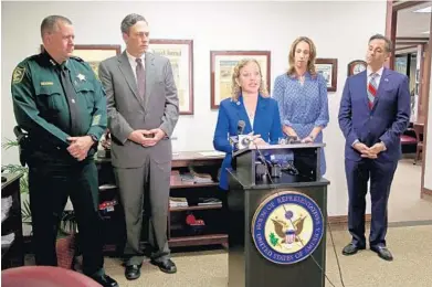  ?? SUSAN STOCKER/STAFF PHOTOGRAPH­ER ?? Rep. Debbie Wasserman Schultz leads a news conference Monday in Sunrise with members of the South Florida Jewish community and law enforcemen­t to discuss the recent rise in anti-Semitic incidents and bomb threats to Jewish Community Centers.