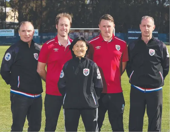  ?? Picture: GLENN HAMPSON ?? Gold Coast Knights 2019 NPL coaches Sean Lane, Grae Piddick, Erika Phan Dao, Dean Gregory (technical director) and Keith Stevens.