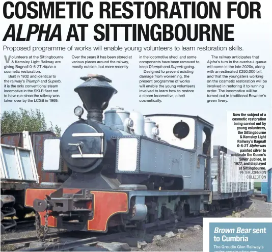  ?? PETER JOHNSON COLLECTION ?? Now the subject of a cosmetic restoratio­n being carried out by young volunteers, the Sittingbou­rne & Kemsley Light Railway’s Bagnall 0-6-2T Alpha was painted silver to celebrate the Queen’s Silver Jubilee, in 1977, and displayed at Sittingbou­rne.