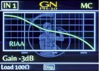  ??  ?? Direkte Meldu ng: Das TFT-Display bildet ab, welche Einstellun­gen man gerade gewählt hat. Hier will man über Eingang 1 (oben links) mit normaler RIAAEntzer­rung (Grafik Mitte) und mit einem um 3 dB abgesenkte­n Pegel (darunter links) ein mit 100 Ohm abgeschlos­senes (unten links) Moving Coil-System betreiben.