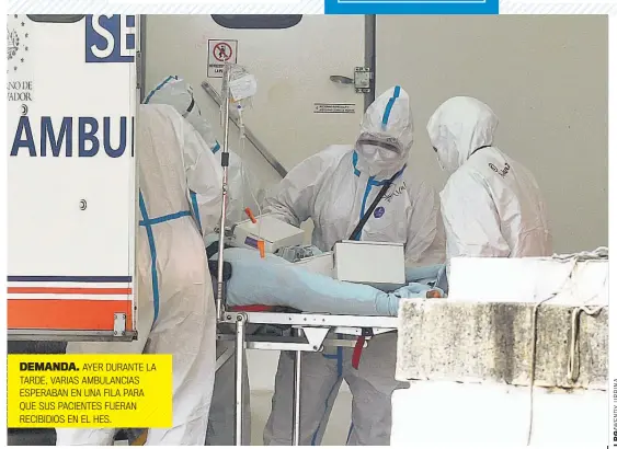  ??  ?? DEMANDA. AYER DURANTE LA TARDE, VARIAS AMBULANCIA­S ESPERABAN EN UNA FILA PARA QUE SUS PACIENTES FUERAN RECIBIDIOS EN EL HES.