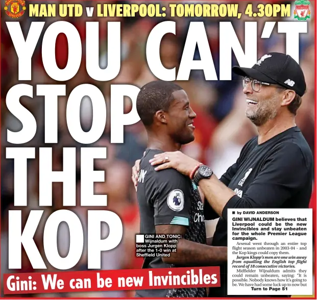  ??  ?? ■
GINI AND TONIC: Wijnaldum with boss Jurgen Klopp after the 1-0 win at Sheffield United