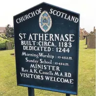  ??  ?? Doug Binnie with some of the slate from the church, top; the choir and altar, left; and the sign outside, above.