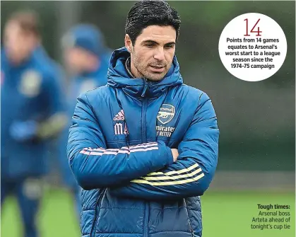  ?? PICTURE: GETTY ?? Tough times: Arsenal boss Arteta ahead of tonight’s cup tie