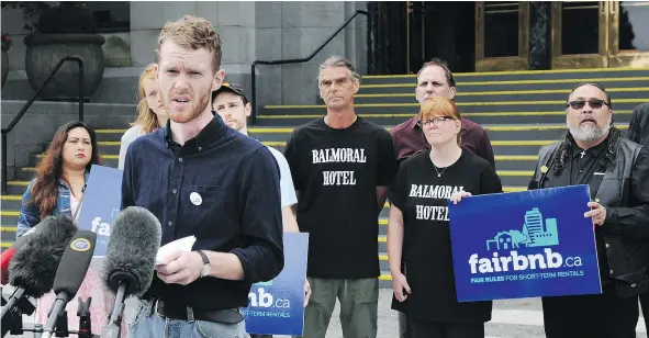  ?? — NICK PROCAYLO ?? Liam McClure of the Vancouver Tenant’s Union speaks to the media after a coalition of local Vancouver groups, calling itself Fairbnb, released a report critical of the city’s plan to regulate short-term rentals like Airbnb.