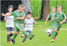  ?? SZ-FOTO: MAS ?? Bei den Jüngsten trafen in Oberdischi­ngen die SG Dettingen (weiß) und die SG Griesingen aufeinande­r.