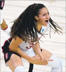  ?? Eric Gay Associated Press ?? STANFORD’S Haley Jones reacts to a score against Louisville during the second half of the Cardinal’s 78-63 win in the Elite Eight of the NCAA tournament.