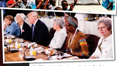  ??  ?? Top: With her husband, Ugandan opposition leader Kizza Besigye. Above: At a G7 meeting with Donald Trump and Theresa May