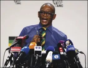  ?? AP PHOTO ?? Ace Magashule, Secretary General of the African National Congress, makes a statement at a briefing at the ANC headquarte­rs in Johannesbu­rg.