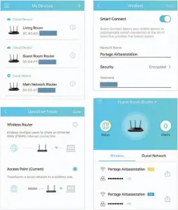  ??  ?? Tp-link’s Tether app offers simplicity in configurin­g a set of standard Wi-fi gateways. At left, top: A list of local devices; bottom, setting access point mode. At right, top: enabling Smart Connect to assist in mobile roaming; bottom, a configured device.