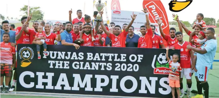  ?? Photo: Fiji FA Media ?? Rewa players, officials and fans celebrate their Punjas Battle of the Giants tournament victory at Churchill Park, Lautoka, on August 16, 2020.