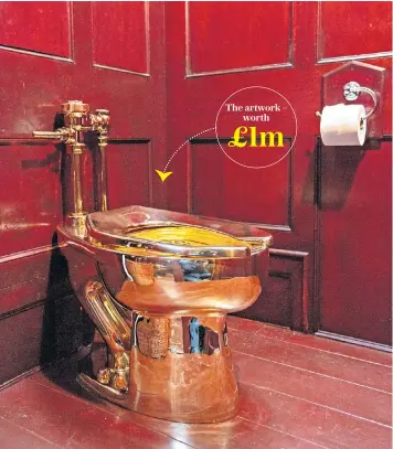  ??  ?? The golden lavatory worth £4.8 million, above, was stolen while on display at Blenheim Palace, top. Left, Italian artist Maurizio Cattelan The artwork – worth £1m