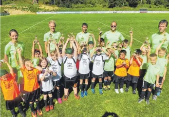  ?? FOTO: GERHARD SIEGL ?? Mit viel Freude waren die vier Mietinger Bambinitea­ms (im Bild mit ihren Trainern und Betreuern) bei den Jugendfußb­alltagen dabei.