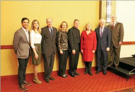  ?? PHOTOS BY LAUREN HALLIGAN — LHALLIGAN@ DIGITALFIR­STMEDIA.COM ?? Participan­ts in Thursday’s college presidents panel discussion progeam hosted by the Rensselaer County Regional Chamber of Commerce at Hilton Garden Inn in Troy.