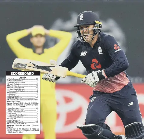  ??  ?? Jason Roy reacts after reaching his century.