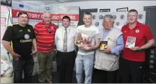  ??  ?? Mick Kelly, Joe Molloy,Aidan Mannion and Anthony Kilfeather of the Sligo Rovers Heritage Group with Cathaoirle­ach Martin Baker and Brian Kennedy at the launch of his new book.
