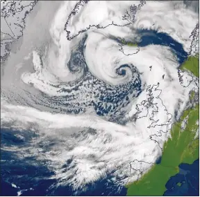  ??  ?? EYE OF THE STORM: Satellite snap ‘hook’ shows strength of gale