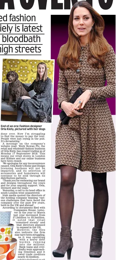  ??  ?? End of an era: Fashion designer Orla Kiely, pictured with her dogs