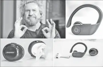  ??  ?? (Clockwise from top left) Rock and Roll Hall of Famer Sammy Hagar helped The Washington Post headbang with headphones. • The Beats Powerbeats Pro hook around the back of the ear. • Apple’s AirPods 2, Beats Powerbeats Pro and Bose SoundSport Free use different mechanisms to stay on the ear. • The Bose SoundSport Free use silicone wings to hold onto the ear. — Washington Post photos by Jonathan Baran.