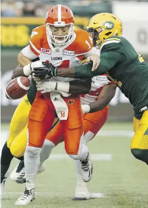  ?? IAN KUCERAK ?? Eskimos defensive end Odell Willis, right, got the 82nd and 83rd sacks of his career in last week’s win over the B.C. Lions, putting him in the top 20 of the CFL’s all-time list.