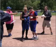  ?? PHOTO FROM ONEIDA ATHLETICS TWITTER ?? Reilly White wins the Sportsmans­hip Award following the Oneida softball team’s victory over Eden at the New York State Public High School Athletic Associatio­n Class B softball final on Saturday, June 15, 2019.