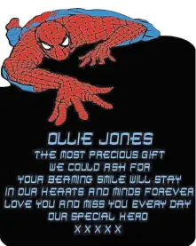  ??  ?? The funeral of Ollie Jones in December and right, an early design of Ollie Jones’ Spider-Man headstone