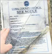  ?? (Pic: Marian Roche) ?? RIGHT: Planning permission notice for the Kildorrery Water Reservoir from November 2017. Over four years later, the village continues to be beset with frequent outages.