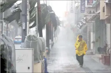  ?? — Reuters photo ?? A passer-by walks in heavy rain and wind caused by Typhoon Trami in the prefectura­l capital Naha, on the southern island of Okinawa.