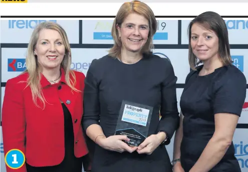  ??  ?? 1 Clare McAllister (left), NI Residentia­l Manager for Electric Ireland, and Sarah Little (right), INM Publishing Director NI, present Beth Robinson of Templeton Robinson with the Property Personalit­y of the Year award