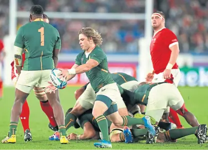  ?? Picture: ?? South Africa’s Faf de Klerk puts up a kick during the semi-final win over Wales – a tactic England expect to see in Saturday’s final.