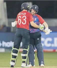  ?? ?? Eoin Morgan, right, celebrates another England win with Jos Buttler.