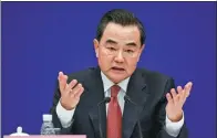  ?? KUANG LINHUA / CHINA DAILY ?? Foreign Minister Wang Yi tells reporters on Wednesday that BRICS members will focus on key economic areas.